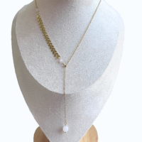 Collier inox ; Quartz Rose – Chaîne Plume Doré en Forme de Y