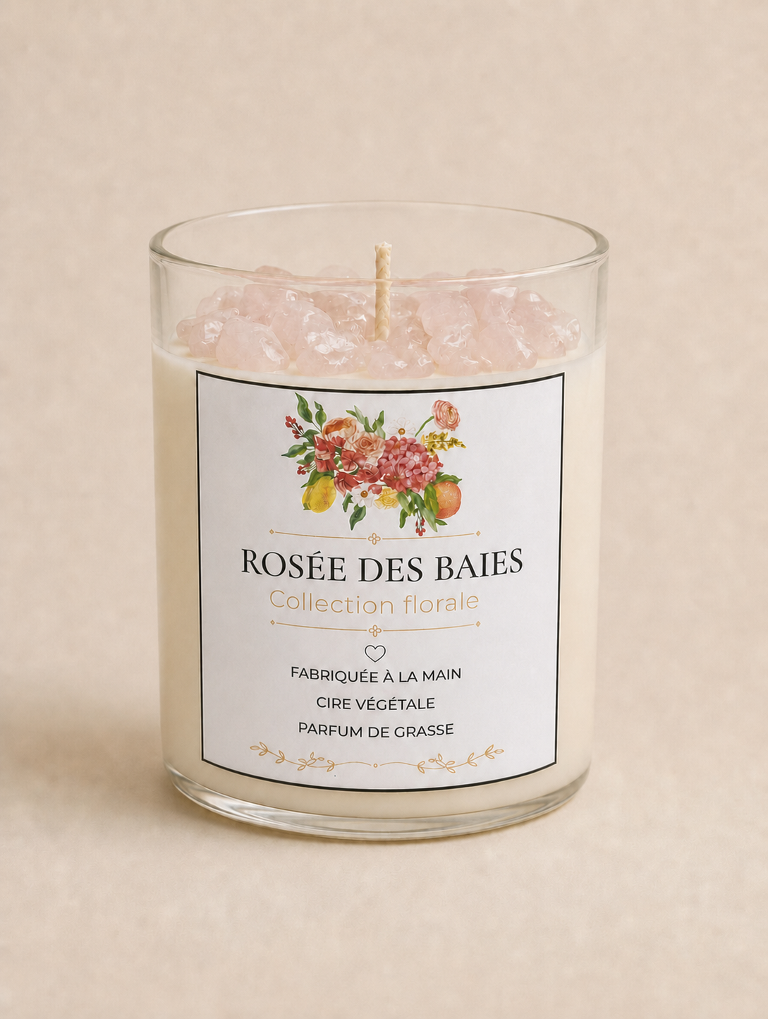 Bougie Rosée de Baies aux Fruits Rouges et au Quartz Rose